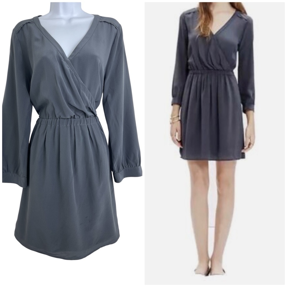 Madewell Faux Wrap Dress Womens Sz 10 Gray 100% Silk Long Sleeve Above The Knee